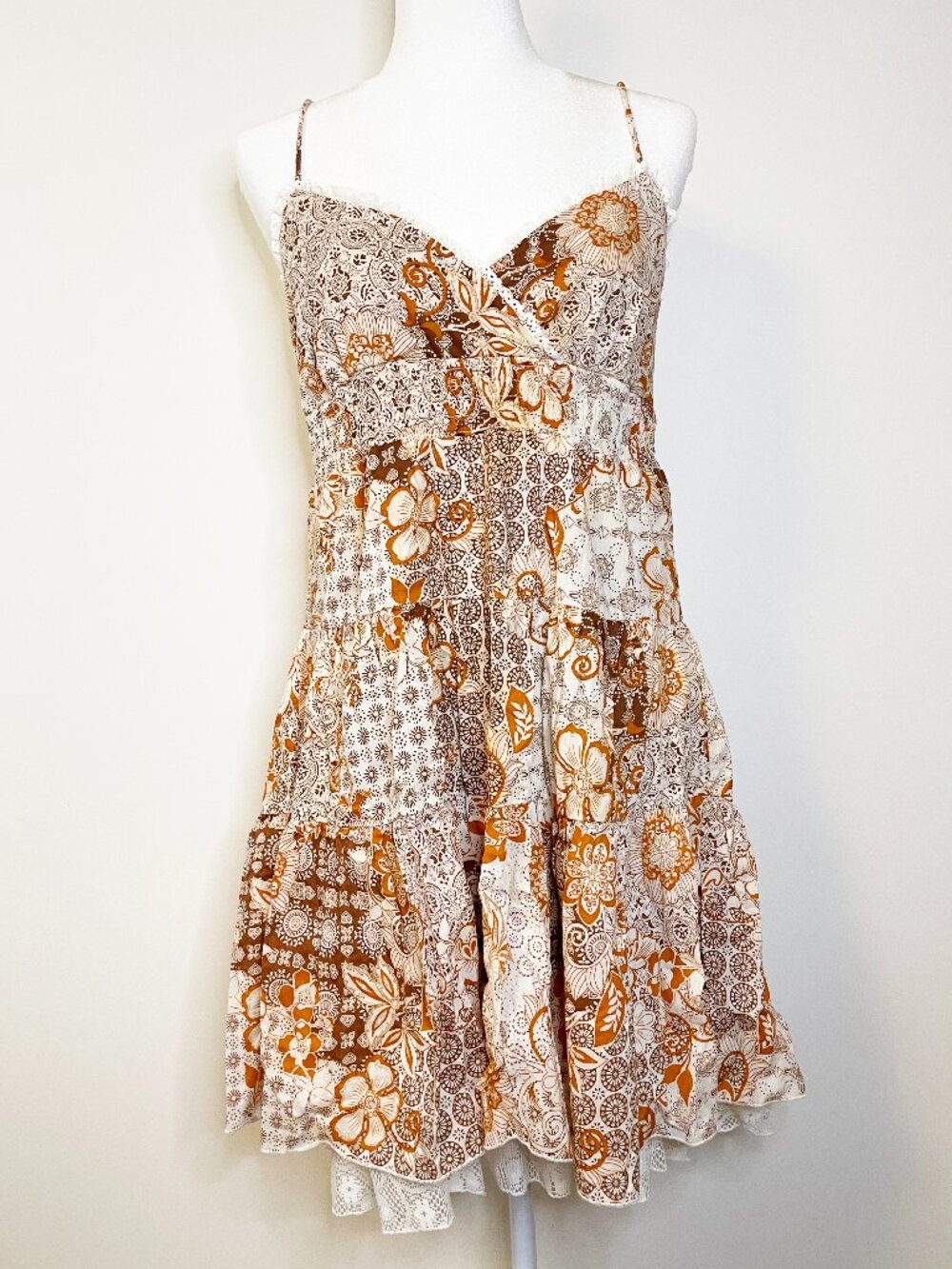 Studio Y Patchwork Boho Festival Tiered Lace Trim Dress Brown Cream Size L